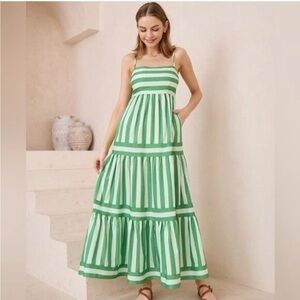 Wits The Label Postiano Striped Tiered Maxi Dress 4 Green White party vacation
